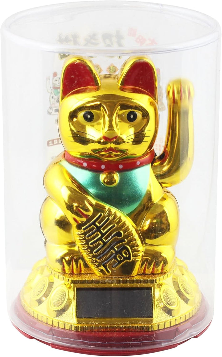 Freak Scene Glückskatze - Maneki-Neko - Winkekatze Solar - runder Sockel - 10,5 cm - Gold