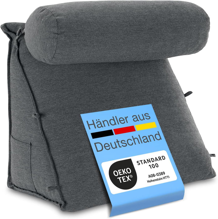 maxVitalis Rückenkissen Bett/Sofa mit Abnehmbarer Nackenrolle und Seitentasche, Rückenstützkissen mi