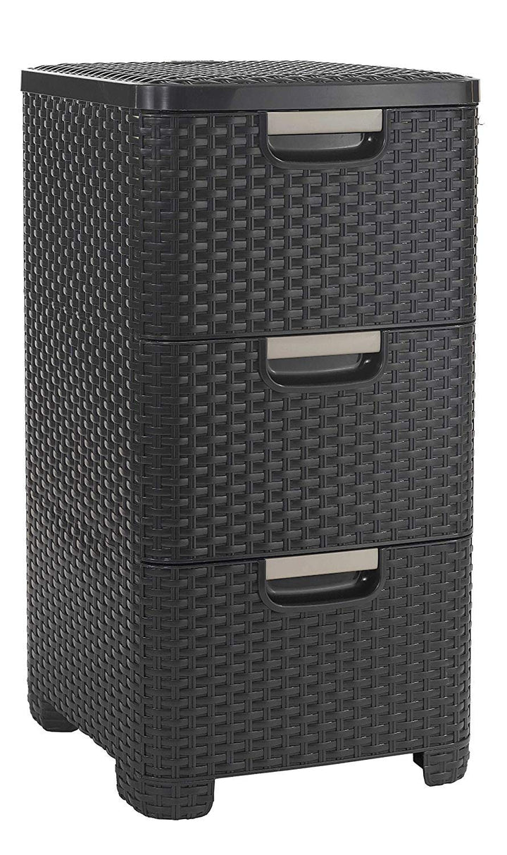 Curver 06604-210-00 Rattanoptik 3 x 13,5 L Schubladenturm, Plastik, Dunkelbraun, 37,77 x 32,77 x 60
