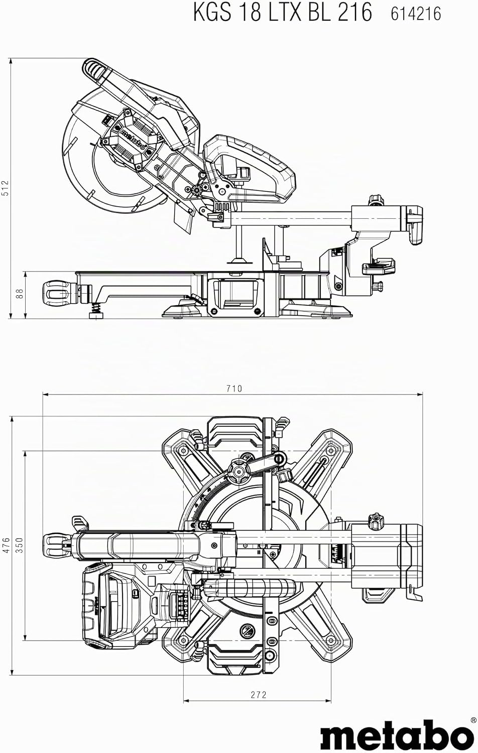 Metabo KGS 18 LTX BL 216 AkkuKappsäge (18V 1x4Ah Li-Power, Ladegerät ASC 55, Karton, mit Zugfunktion