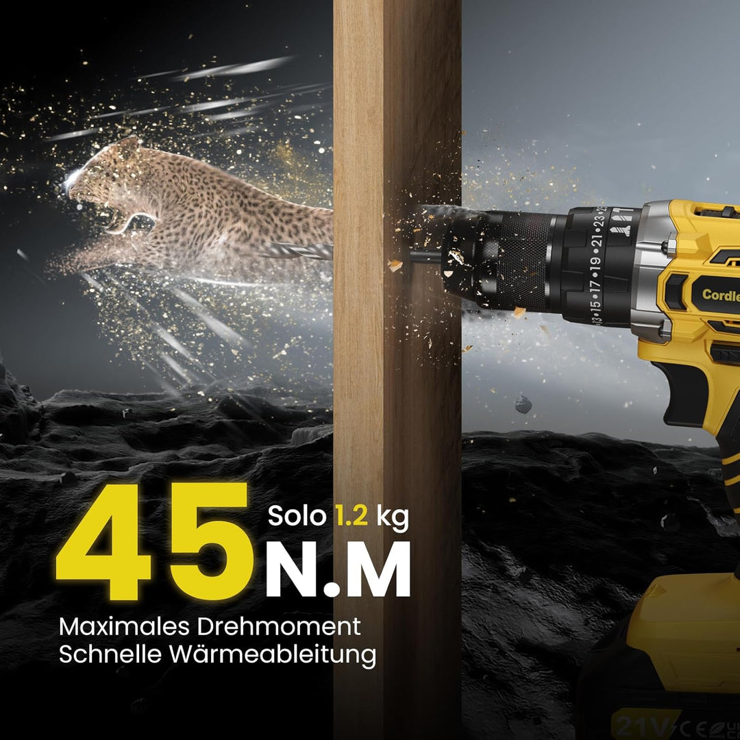 Akkuschrauber, 21V Akku Schlagbohrschrauber, Akkubohrer mit 2 Akkus 2000mAh, 45Nm Akku Bohrmaschine,