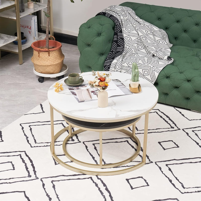 hitsuki Couchtisch Rund 2er Set, Marmor Couchtisch Gold Metallgestell Wohnzimmertisch Weiss und Schw