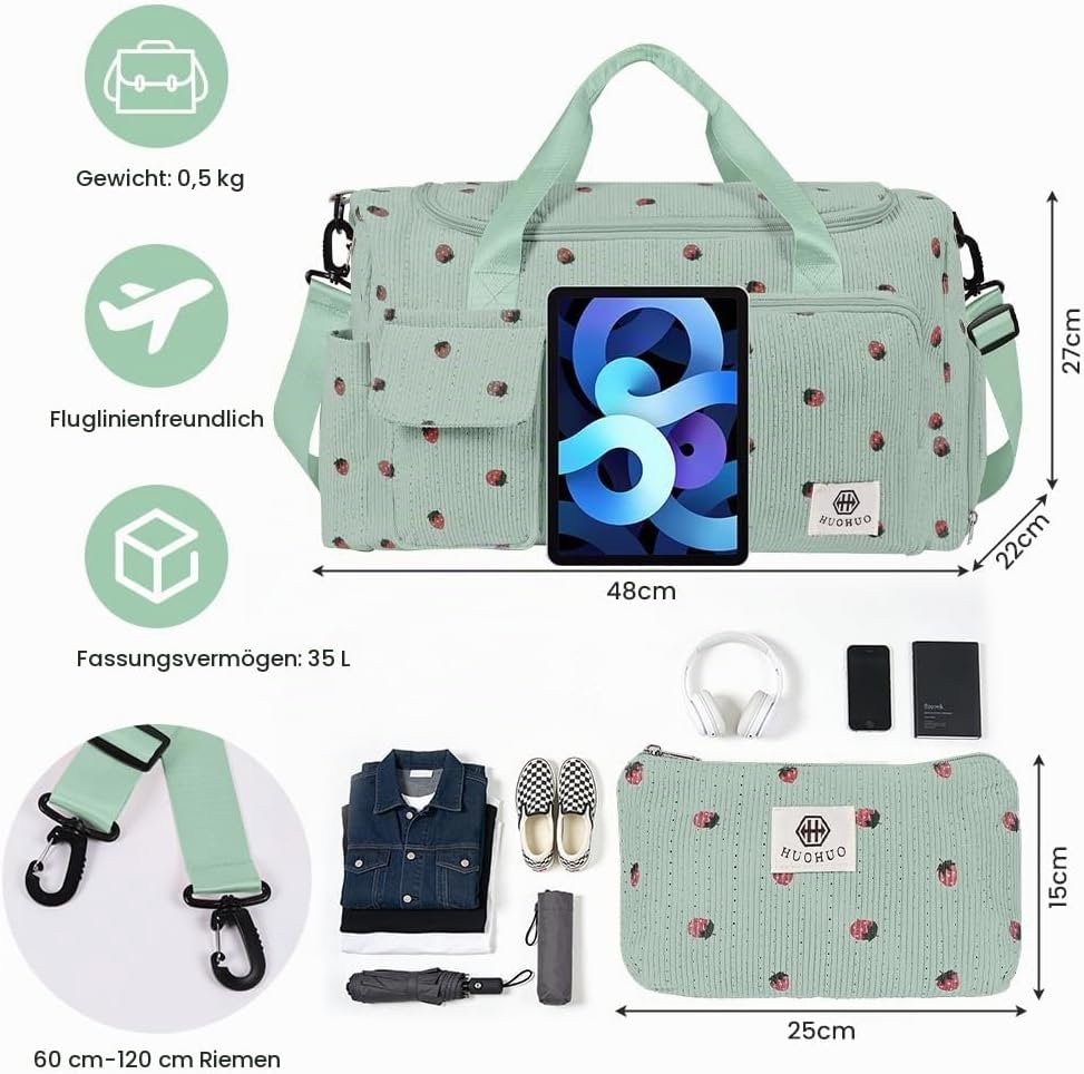Sporttasche Damen, Sporttasche Kinder, Faltbare Reisetasche Weekender mit Schuhfach und Nassfach, Re