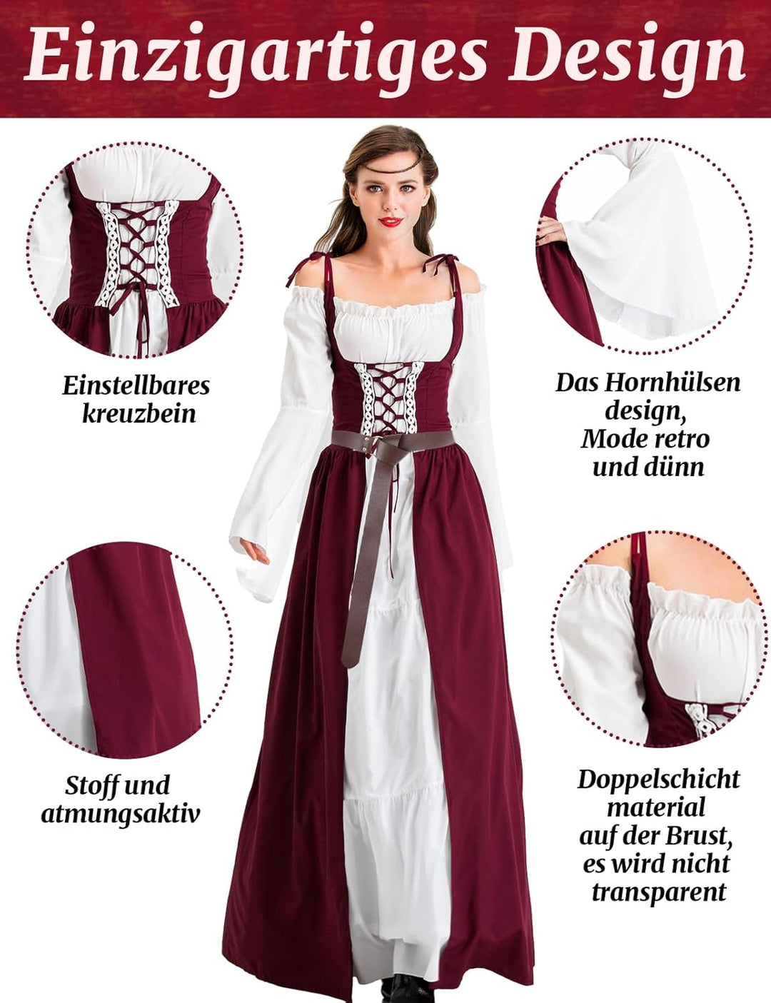 Pianocean Mittelalter Kleidung Damen, Renaissance Kleid, Gothic Kleid，Renaissance Mit Kapuze Langarm