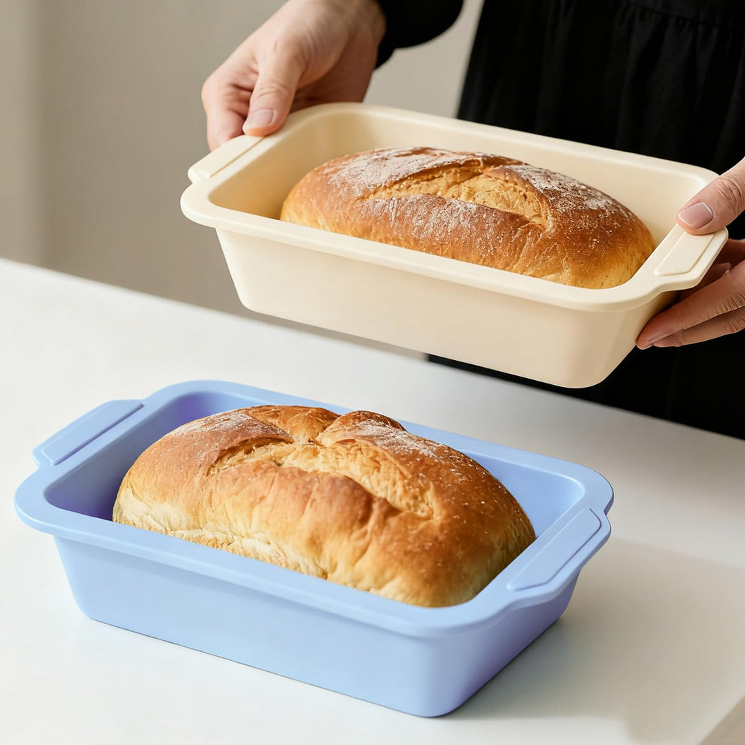 2-Stück Silikon Brotbackform Kasten: Kastenform mit Metallrahmen Hellblau+beige 2PCS-29.6x15.5x6.6cm