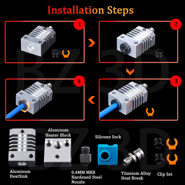 BZ 3D Ender 3 All Metal Hotend Upgrade,Heatbreak Titanlegierung,MK8 Gehärtetem Stahl Düse 0.4mm für