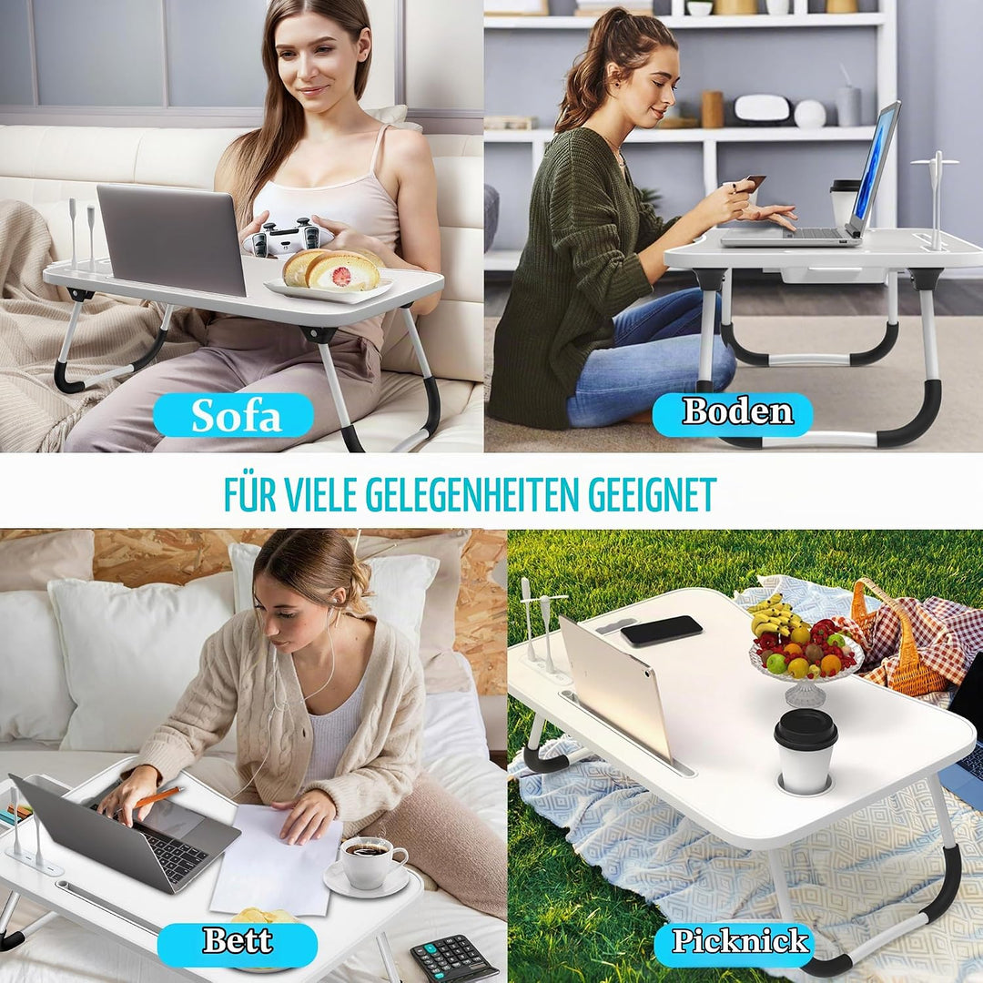 Soontrans Laptoptisch, 60 x 40 x 28 cm, Laptop Tisch mit Schublade, Getränkehalter, Kleiner Ventilat