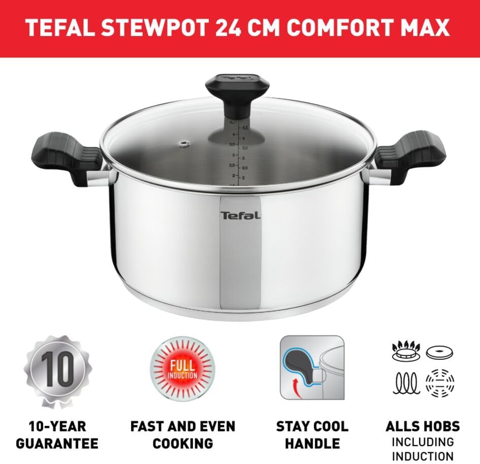 Tefal Comfort Max Kochtopf 24 cm + Glasdeckel, Induktion, hochwertiger Edelstahl, thermoisolierte Gr