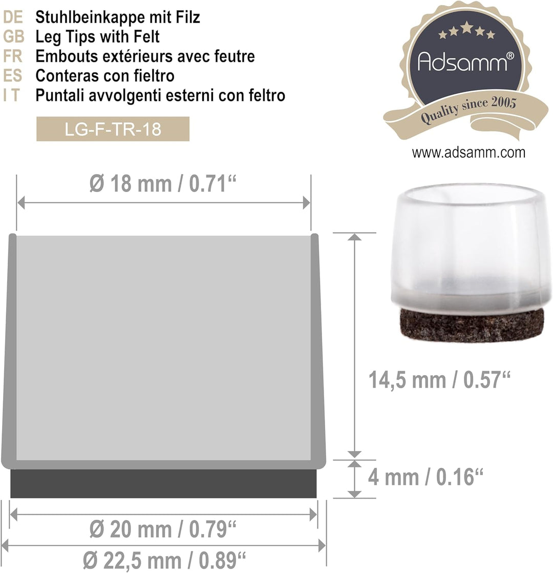 Adsamm® / 32 x Stuhlbeinkappen mit Filz / Transparent / Ø 17 - 18 mm / rund / Filz-Möbelgleiter für