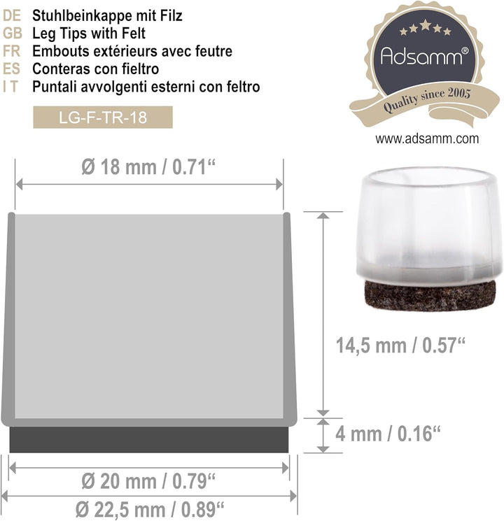 Adsamm® / 32 x Stuhlbeinkappen mit Filz / Transparent / Ø 17 - 18 mm / rund / Filz-Möbelgleiter für