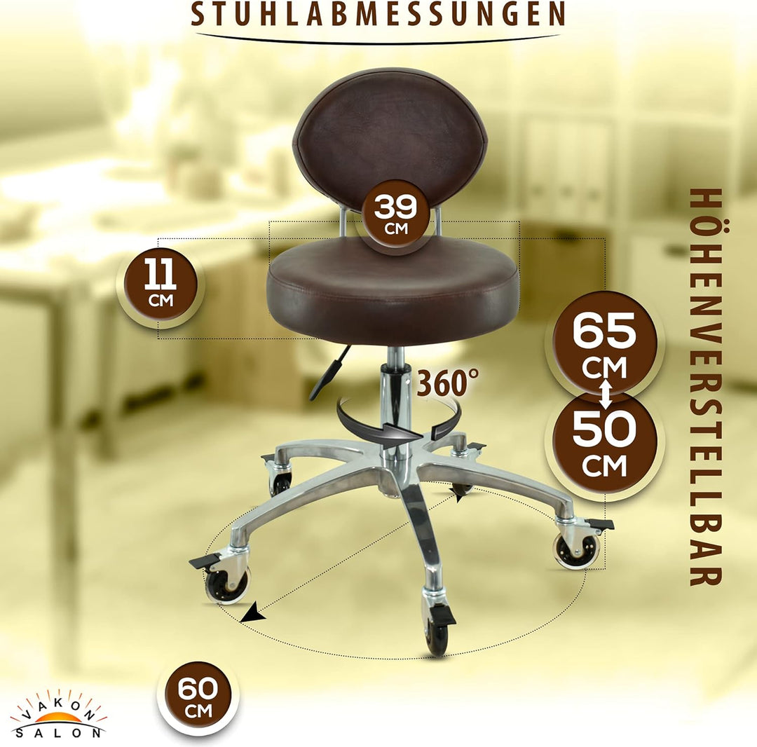 VAKON SALON - Rollhocker mit ovaler Lehne in Braun - Rollen mit Bremse - Höhenverstellbarer von 50 b