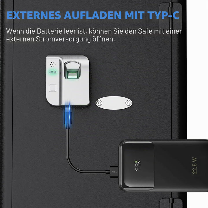 WASJOYE Fingerabdruck Tresor Feuerfester für Zuhause, Safe mit Feuerfeste Schublade, Biometrischer M