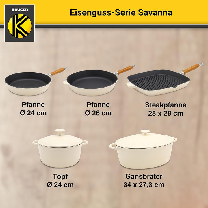 KRÜGER Gusseisen-Grillpfanne mit Holzgriff - 28 x 28 cm - emailliert - hohe Hitzebeständigkeit und l