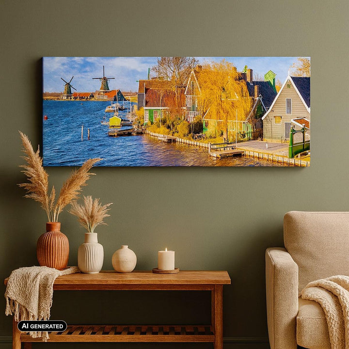 Wandbilder Dekoration Wohnzimmer Landschaft Windmühle Wasser Dorf Panorama Bilder auf Leinwand 120x5