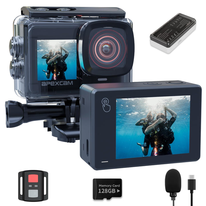 Apexcam X80Pro mit 128G Karte Action Cam 4K60FPS 48MP mit Doppelbildschirme EIS Stabilisierung WiFi