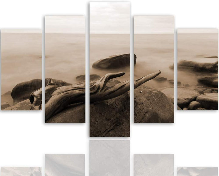 Feeby Bilder Landschaft 100x70 cm - Leinwandbild - 5 Teilig - Kunstdruck Meer braun Leinwandbild 100