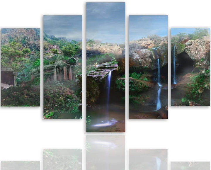 Feeby Leinwandbild 5 Teilig Landschaft Bild Wanddeko Wasserfall Berge Himmel grün 150x100 cm Leinwan