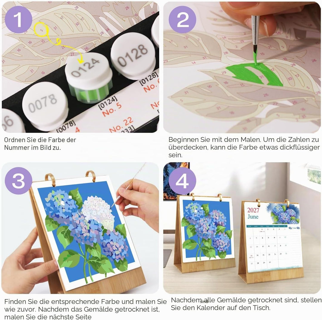 Tischkalender 2027 Malen nach Zahlen DIY Blumen Kalender zum Aufstellen Bastelset für Erwachsene mit