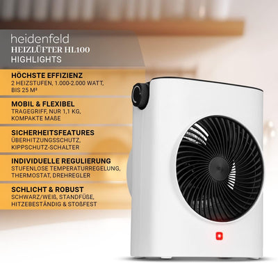 Heidenfeld Heizlüfter HL100 | 𝟯 𝐉𝐀𝐇𝐑𝐄 𝐆𝐀𝐑𝐀𝐍𝐓𝐈𝐄 - 2000 Watt - Heizkörper - Elektro Heizlüfter - Elekt