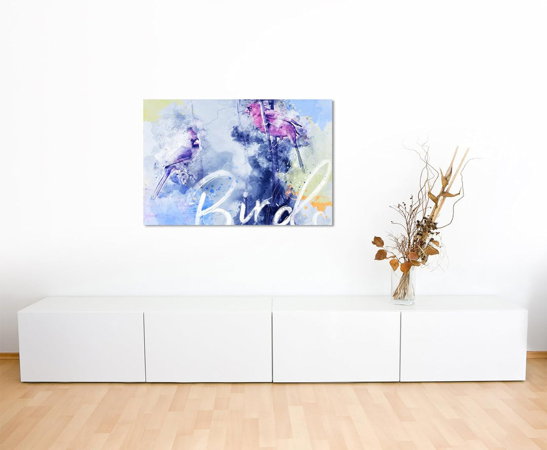 Paul Sinus Art Bild Leinwand 120x80cm Vögel auf Zweigen in Blautönen mit Kalligraphie, 120x80cm