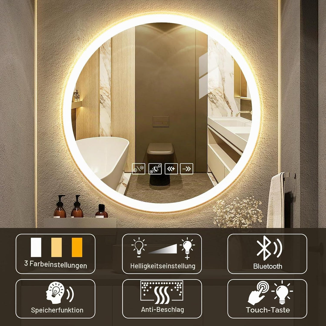 Badspiegel mit Beleuchtung | 60cm Wandspiegel | Badezimmerspiegel | LED Spiegel mit Bluetooth | Kosm