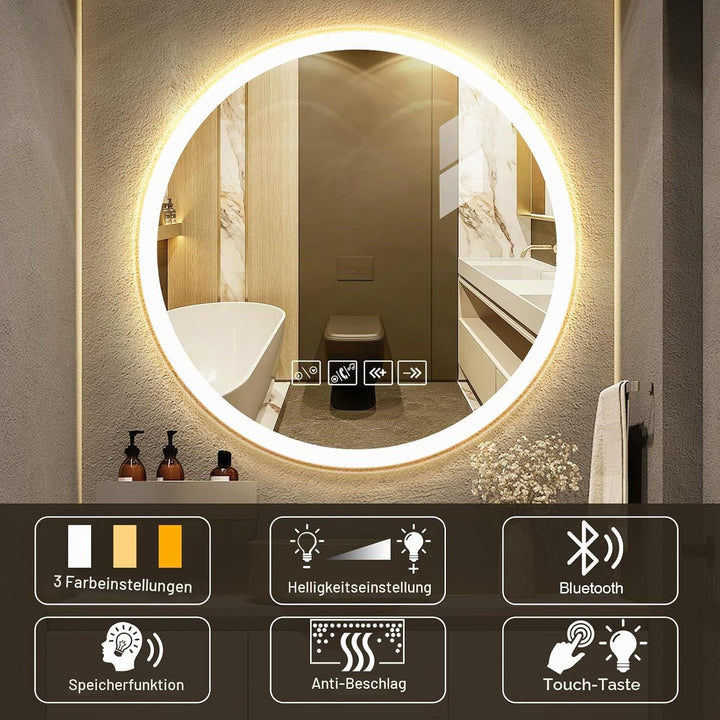 Badspiegel mit Beleuchtung | 60cm Wandspiegel | Badezimmerspiegel | LED Spiegel mit Bluetooth | Kosm