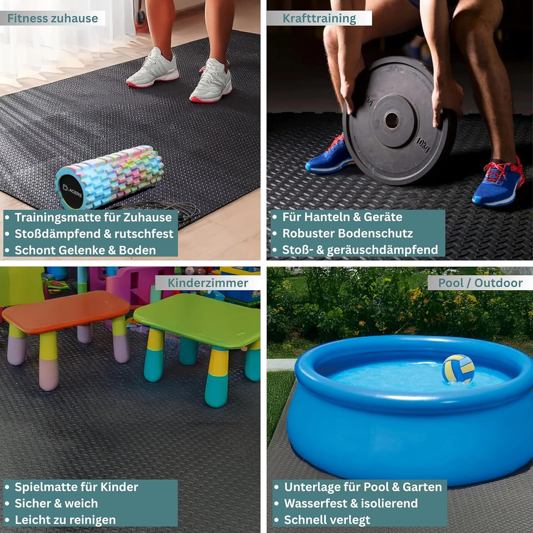 Lacers PETROLLINE Bodenschutzmatte Puzzelmatte 60x60cm schwarz 12er Set Sportmatte Gymnastikmatte Fi