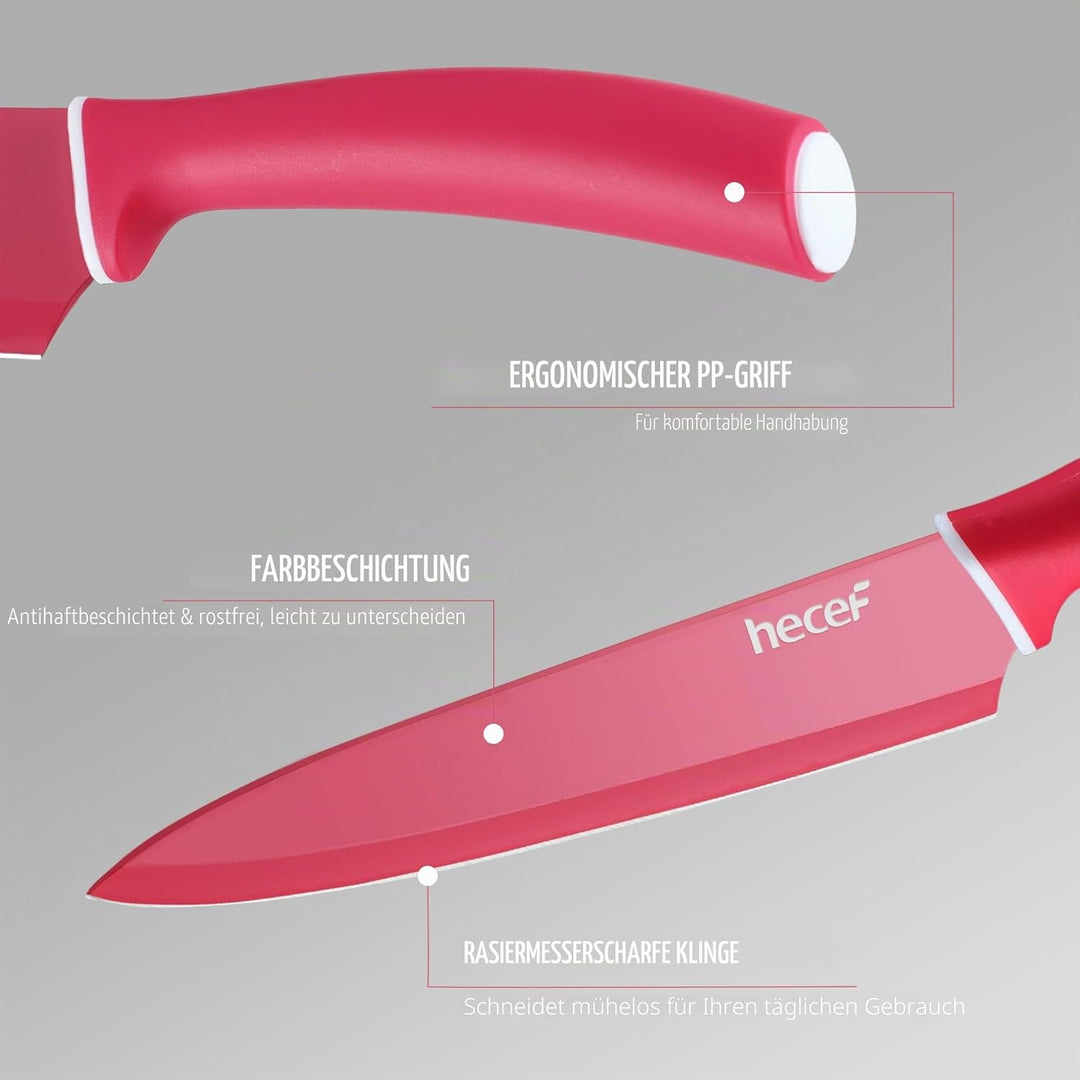 hecef 6 Teilig Messer Set mit Schutz, Küchenmesser Set Bunte Non-Stick, Scharfe Messerset Edelstahl,