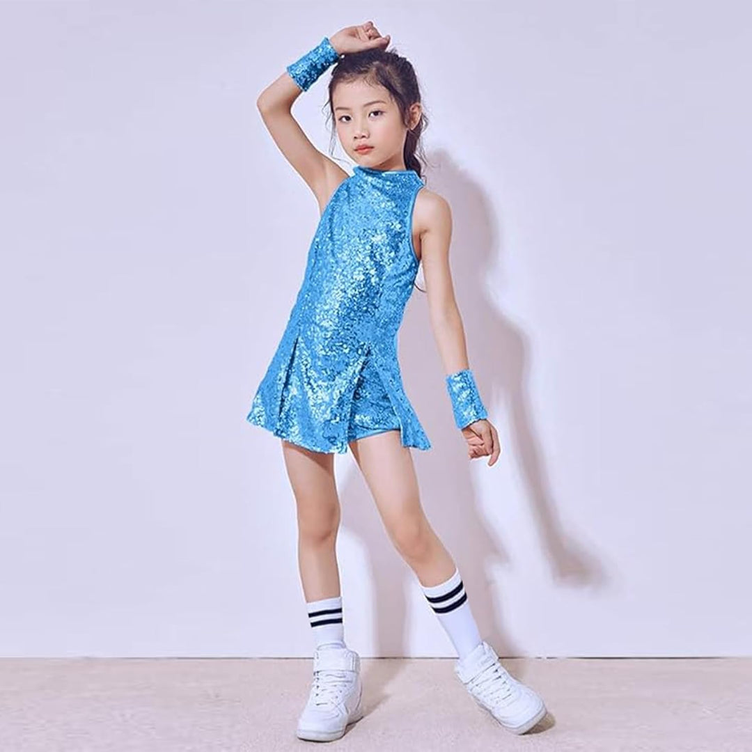 LOLANTA Mädchen Pailletten-Kostüm Hip Hop Dancewear Funkelndes Tanzkleid Gesetzt 6-7 Jahre Hellblau,