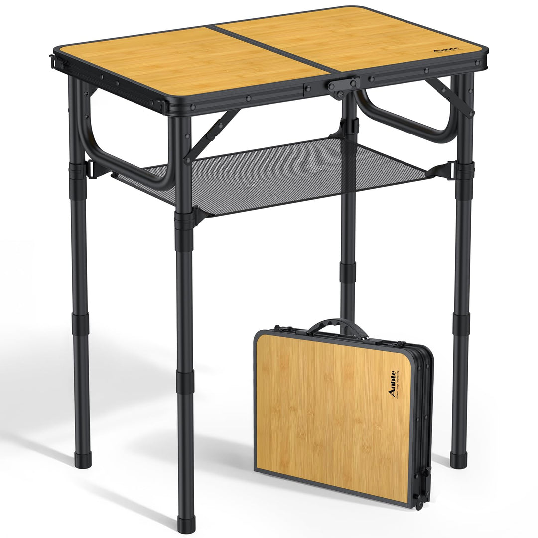 Anbte Campingtisch Klappbar 58x40cm Aluminium Schwarz-Rahmen Picknicktisch 3 Höhen Verstellbar 26/48
