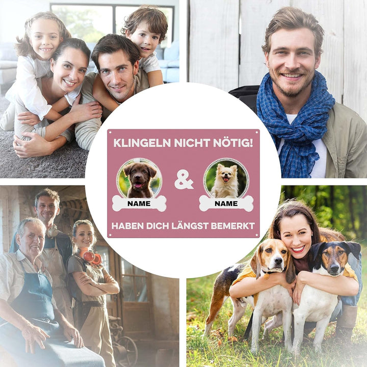 Hunde Schild personalisiert - Klingeln nicht nötig - Metallschild mit Foto und Name für aussen, wett