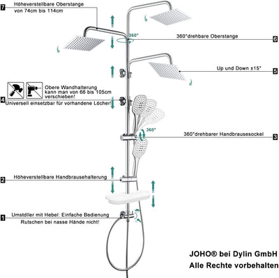 JOHO Regen Dusche Rainshower Überkopfbrauseset Regendusche Duschset Duschsystem mit Ablage Chrom(Kop