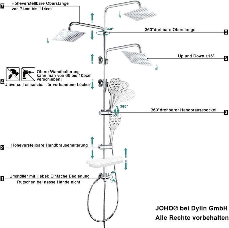 JOHO Regen Dusche Rainshower Überkopfbrauseset Regendusche Duschset Duschsystem mit Ablage Chrom(Kop