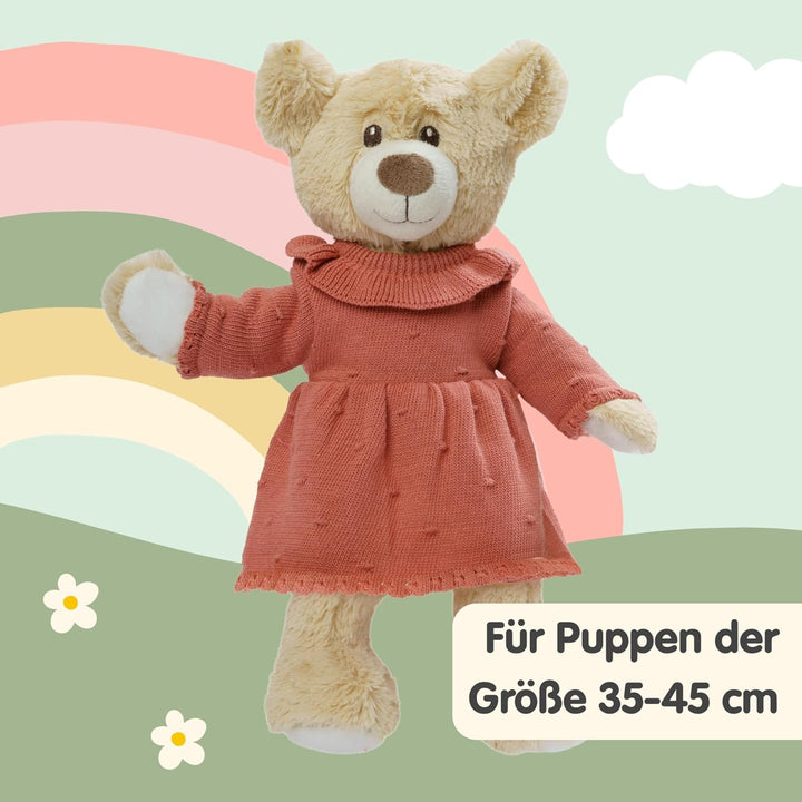 Heless 2490 - Puppenkleidung aus 100 % Bio-Baumwolle, Strickkleid in Pfirsich für Puppen und Kuschel