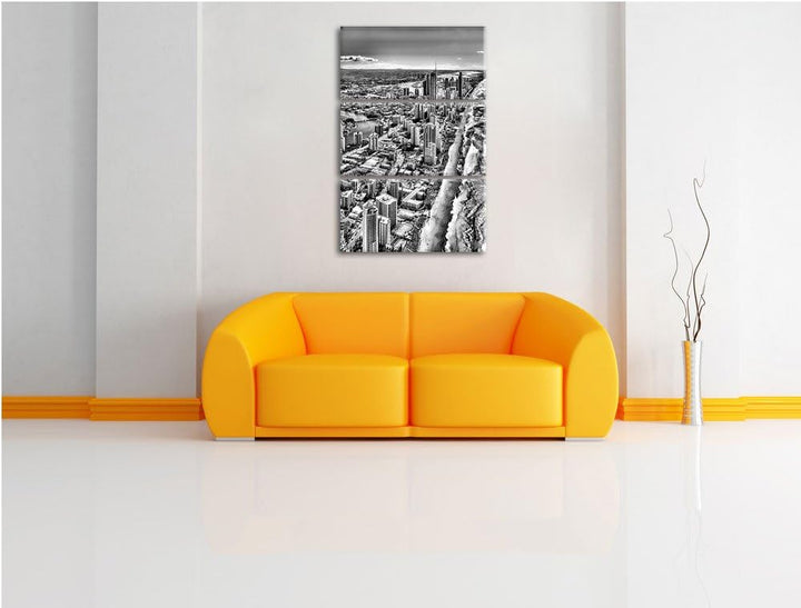 Pixxprint Monocrome, Hochhäuser am Strand 3-Teiler Leinwandbild 120x80 Bild auf Leinwand