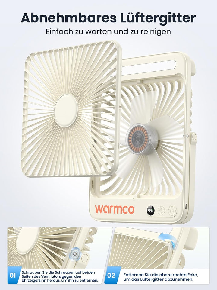 Warmco 20000mAh Akku Camping Ventilator 27cm mit Lampe, 15-48 Std. Laufzeit, Ultra-Leise, Ultraflach