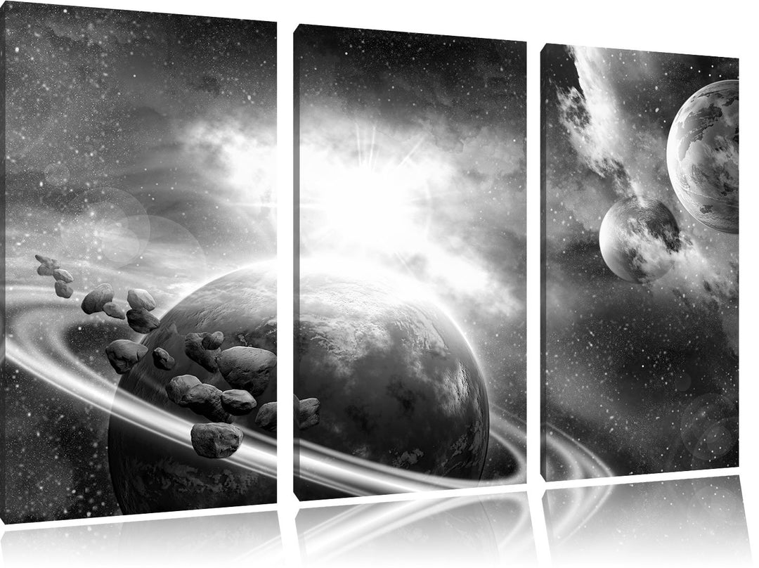 Pixxprint Planeten und Meteoriten im Weltraum Kunst B&W 3-Teiler Leinwandbild 120x80 Bild auf Leinwa
