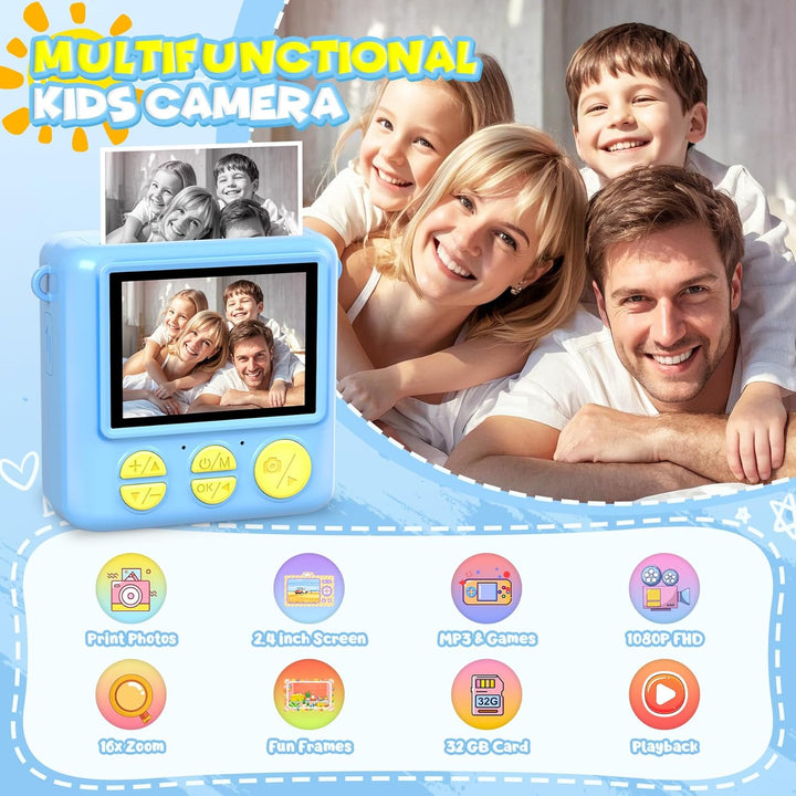 Sofortbildkamera Kinder, 1080P 2,4 Zoll Bildschirm KinderKamera mit 32G Karte & Druckpapier, Kinders