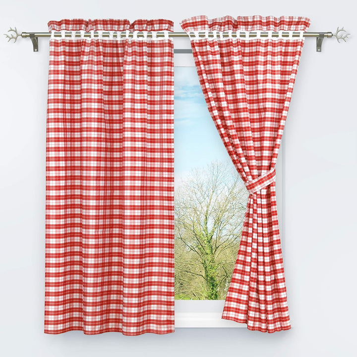 4-TLG. Set Karo-Muster Vorhangschals Küche Gardinen Vorhänge mit Raffhalter H/B 145/80 cm Rot H57.1