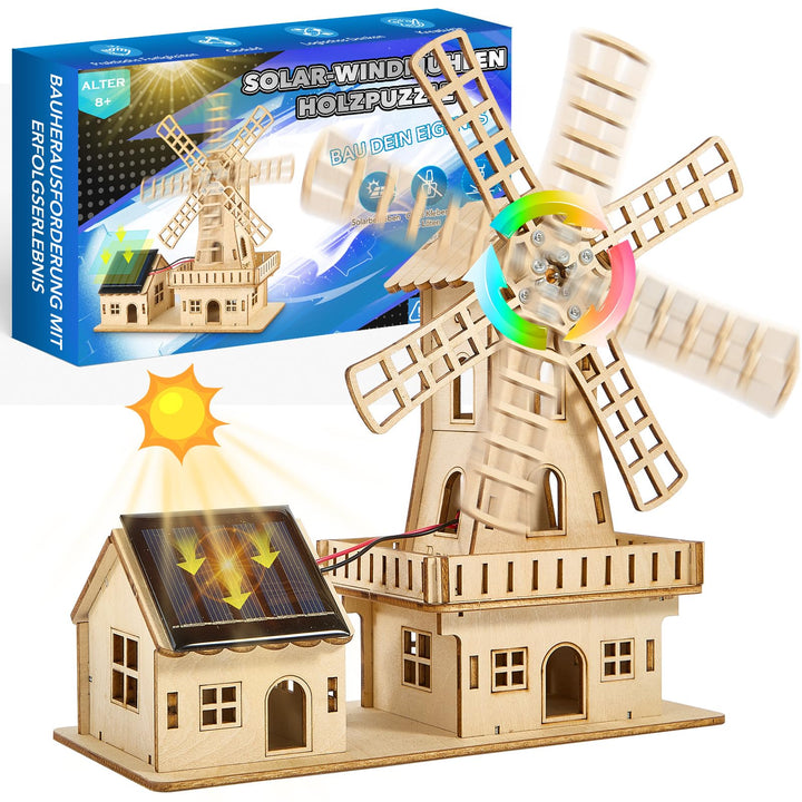 STEM Solarbetriebenes 3D Holzpuzzle - DIY Windmühlenhaus Bausatz,Wissenschaftliches Lernspiel für Ki