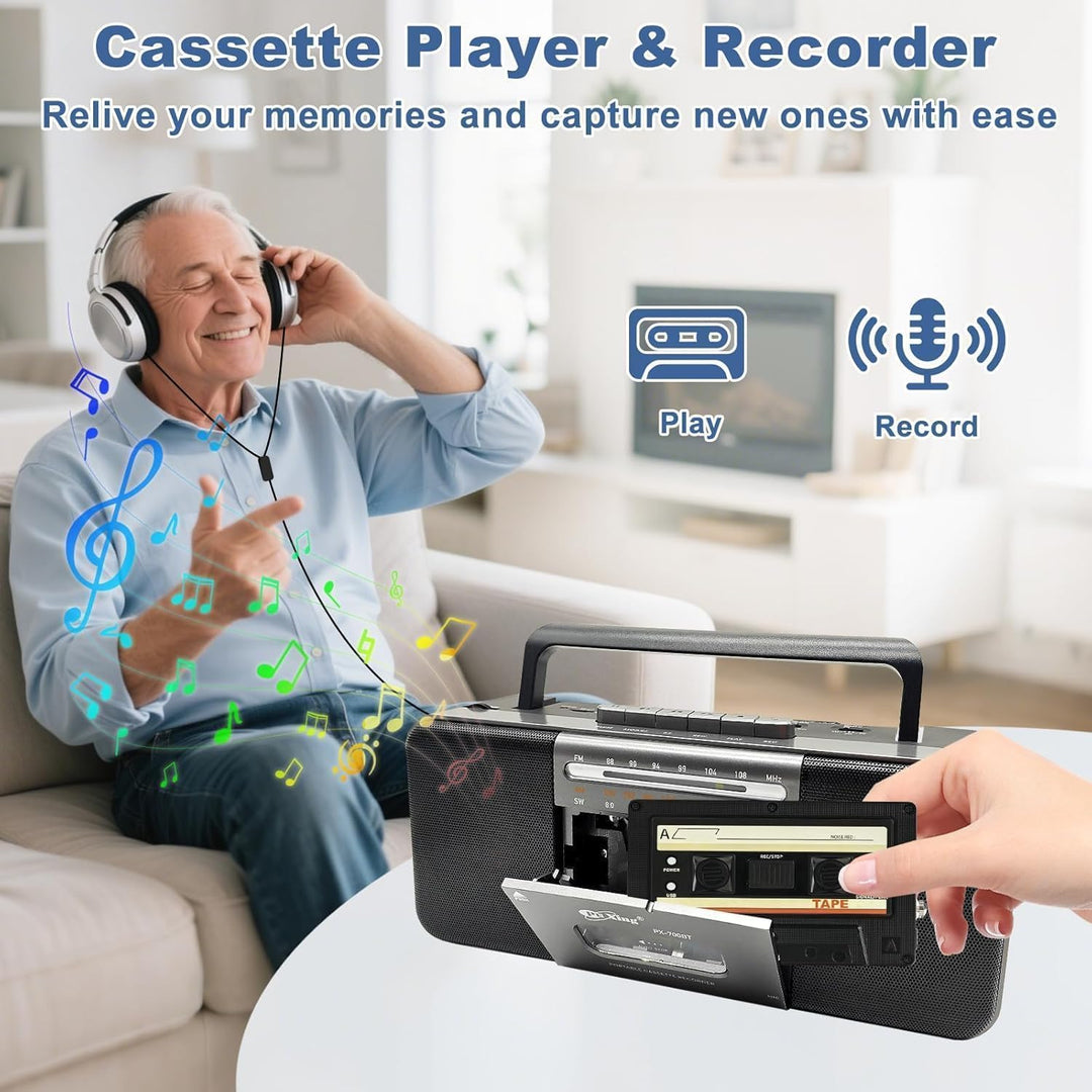 Tragbarer Bluetooth Kassettenspieler Boombox mit Kassettenrecorder, AM/FM/SW Radio, 10W Dual-Lautspr