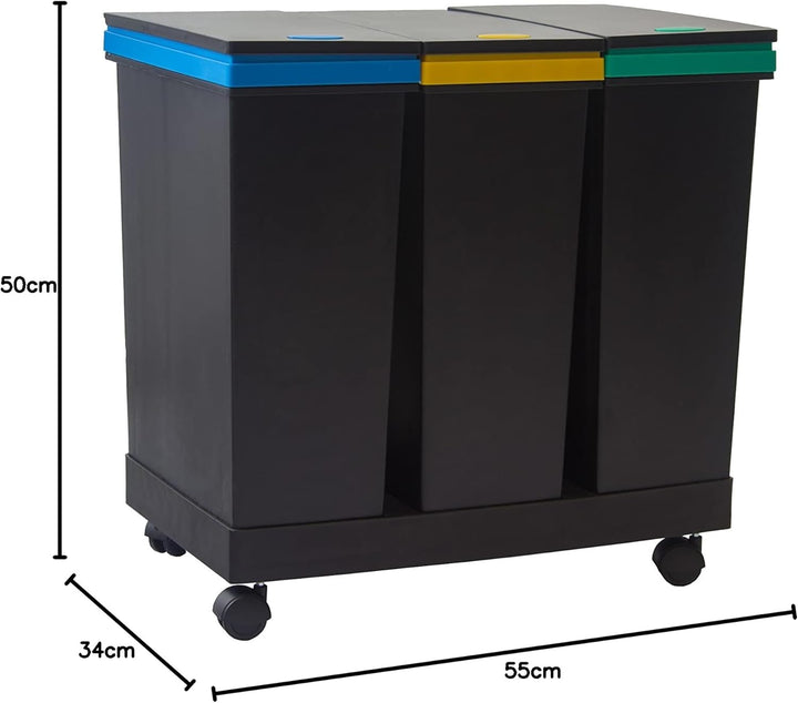Smarty Ecobin, 3 Behälter für die getrennte Abfallentsorgung, insgesamt 63 L - 55 x 34 x 50 cm, Schw