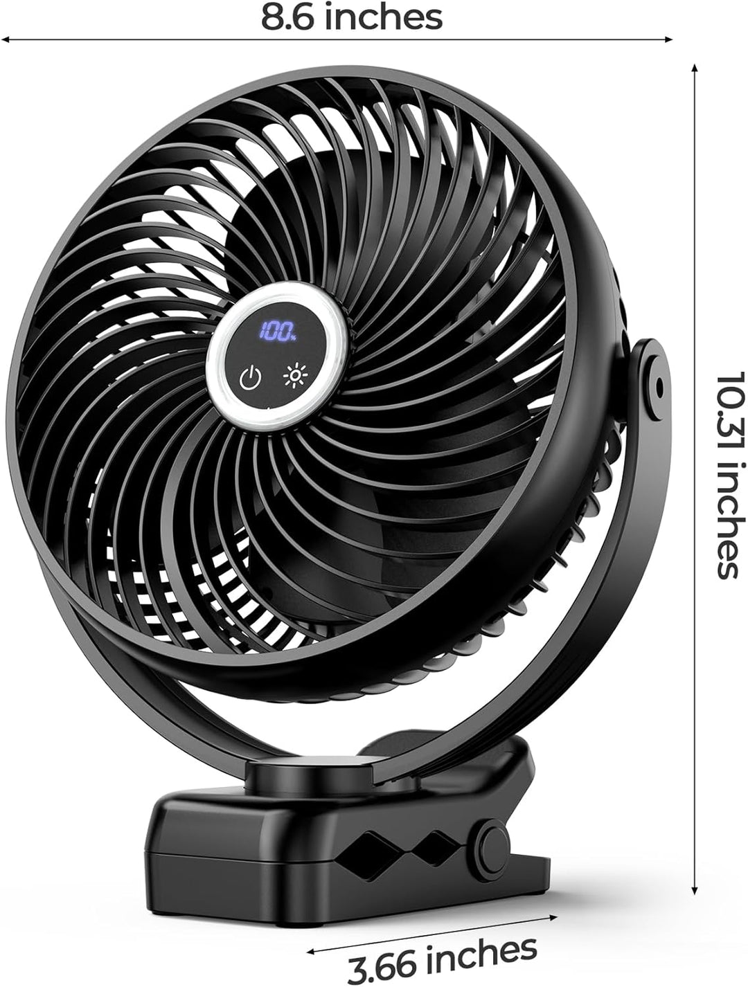 Koonie 20cm Tragbarer Mini Clip Ventilator, USB Tischventilator mit 10000 mAh Akku, Licht, Digitalan