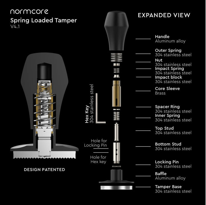 Normcore 58 mm federbelasteter Kaffeestampfer V4.1 mit Klick-Feedback, Titan-PVD-Flachboden, selbstn