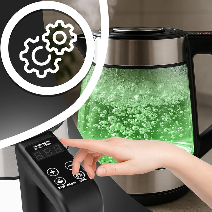 Retoo Elektrischer Glas Wasserkocher 1,7L, 2200W Schnellkochfunktion, Temperaturwahl 40–100°C, LED-B