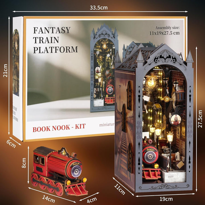 DIY Book Nook Kit, Magischer Bahnsteig Puppenhäuser Miniatur Haus Kit mit Staubschutzhülle LED-Licht