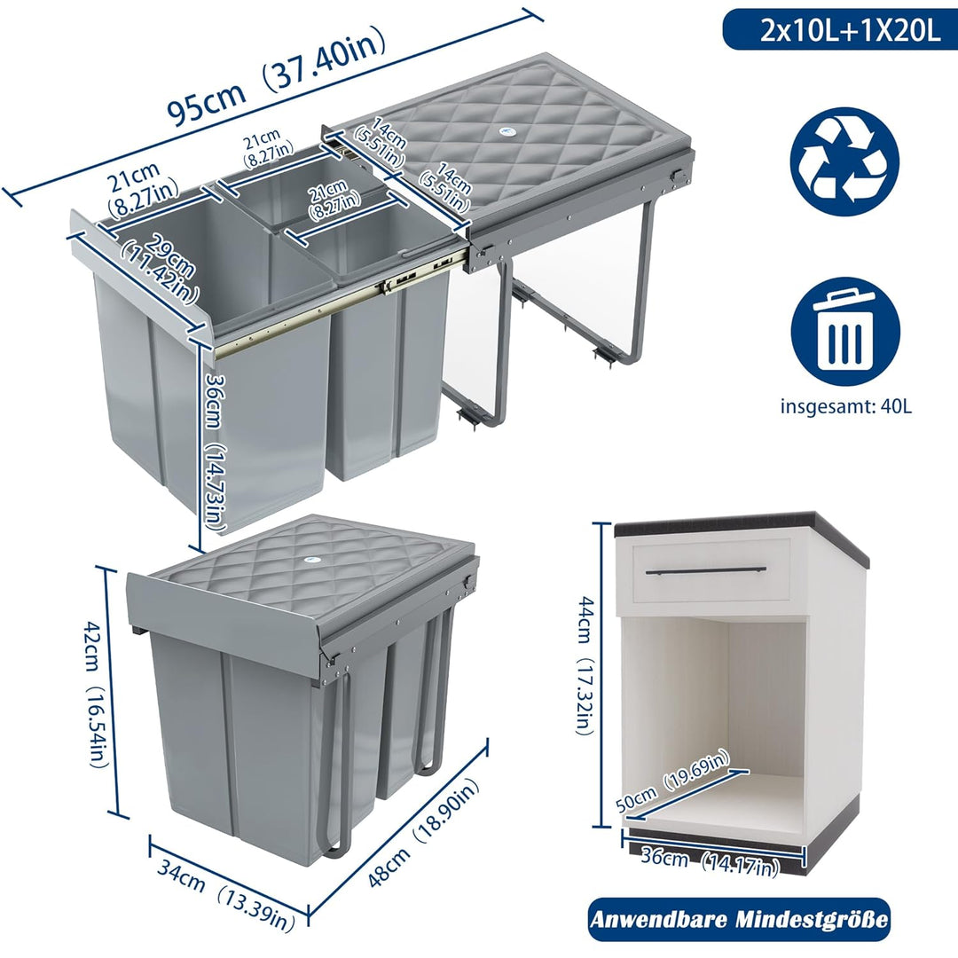 NAIZY Mülltrennsystem ausziehbar Mülleimer Küche 3-Fächer Abfalleimer einbau Unterschrank mit Telesk