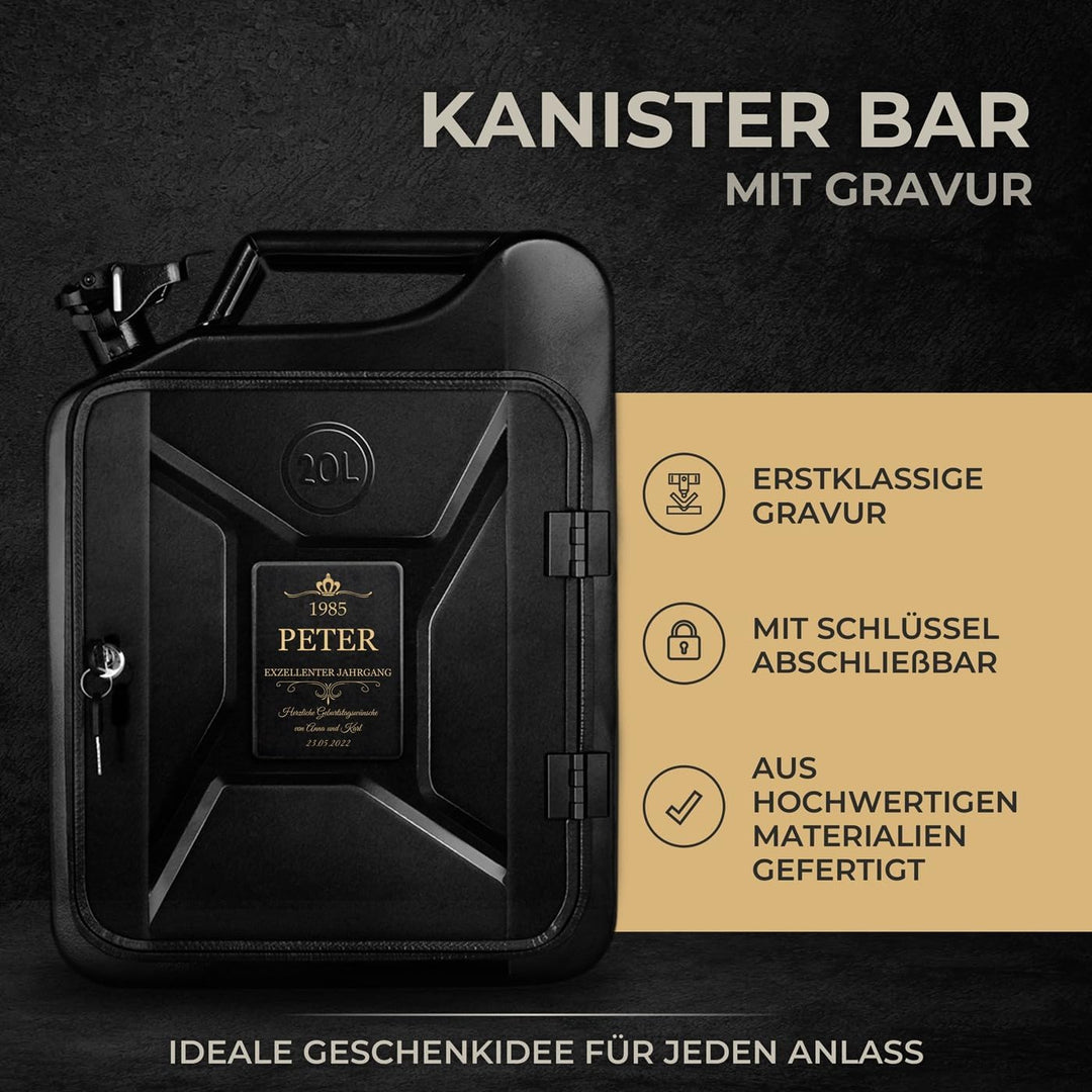 Maverton 20L Kanister Mini Bar mit Gravur - Jerrycan schwarzer Metall Mobile Bar - Geburtstagsgesche