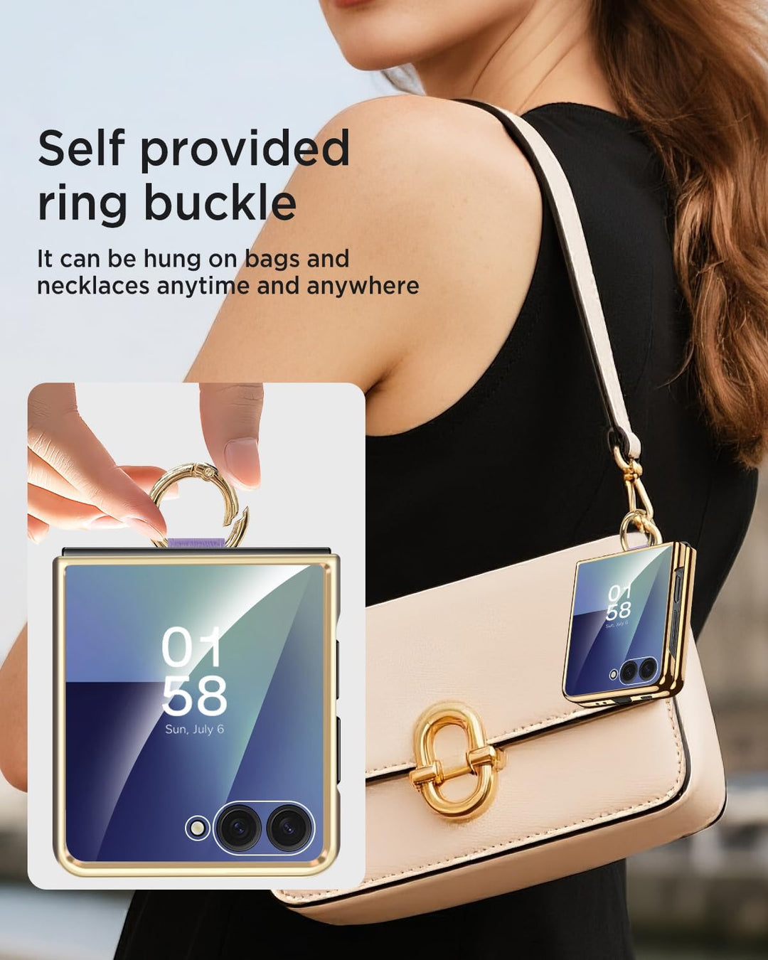 Miimall Lederhülle Kompatibel mit Samsung Galaxy Z Flip 7 Hülle mit Ring Ständer & Kameraschutz [Lux