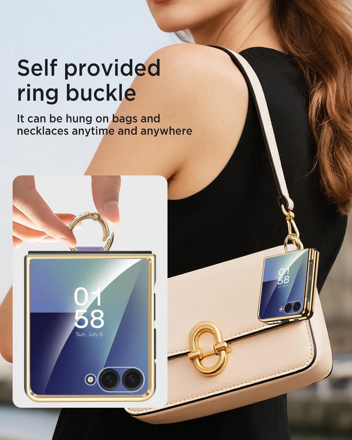 Miimall Lederhülle Kompatibel mit Samsung Galaxy Z Flip 7 Hülle mit Ring Ständer & Kameraschutz [Lux